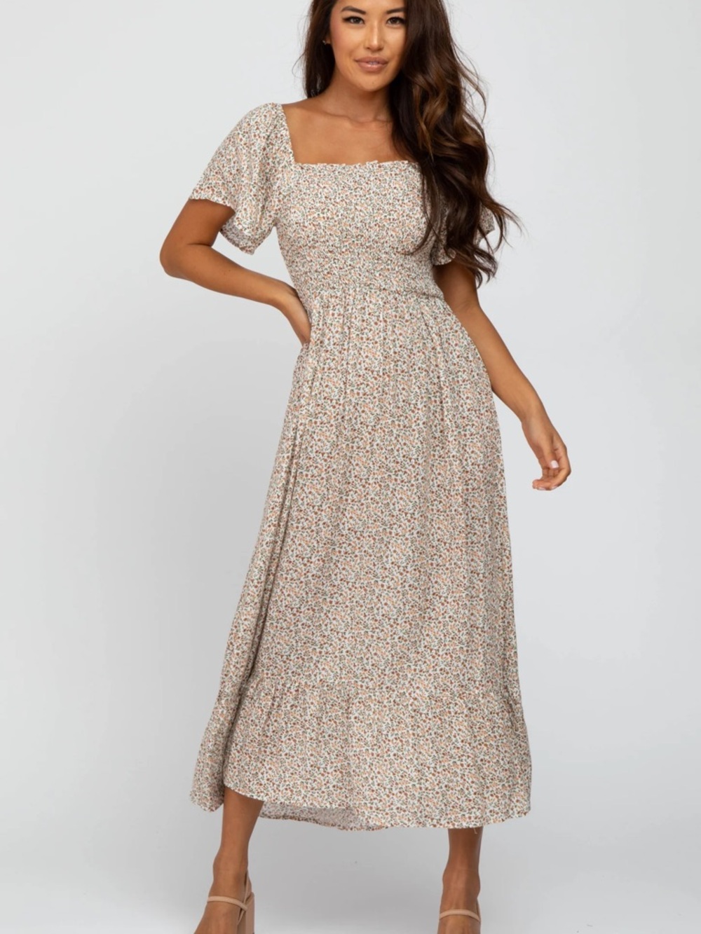 PinkBlush - Ivory Floral Smocked Maxi Dress